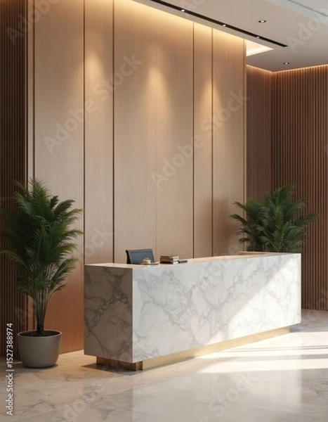 Fototapeta Contemporary lobby interior design with reception counter. Luxury marble reception desk, wood wall. Modern design, indoor. Empty hall with light and plant decor. Stylish apartment, hotel or office.