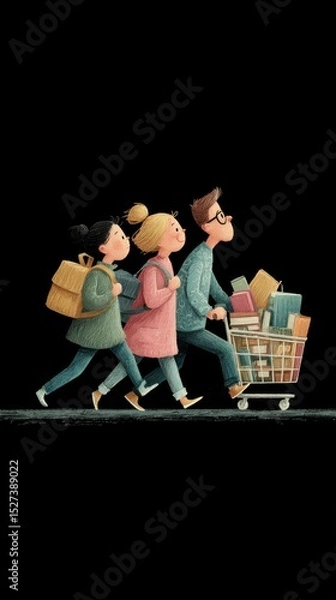 Fototapeta Red-Black Shopping Frenzy: Three Characters Sprinting with a Loaded Cart in Flat Vector Art