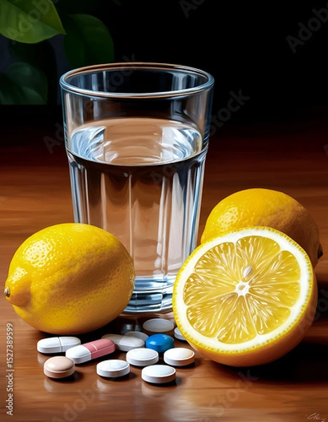 Fototapeta a transparent glass with water, a lemon lies next to it, medical pills of different colors
