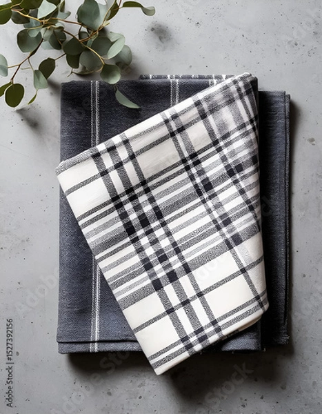 Fototapeta top view of two checkered napkins lying on a light gray surface

