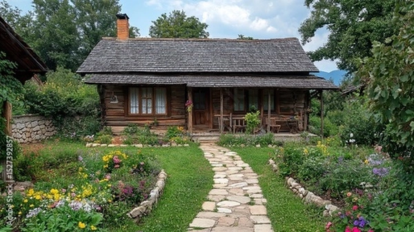Obraz An old wooden house with a garden in a village setting.