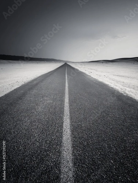 Fototapeta A straight road in the middle of magnificent sand dunes, dramatic photo, simple line drawing, symmetrical composition, at dusk, master of landscape photography, film emulsion fading effect