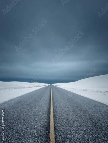 Fototapeta A straight road in the middle of magnificent sand dunes, dramatic photo, simple line drawing, symmetrical composition, at dusk, master of landscape photography, film emulsion fading effect