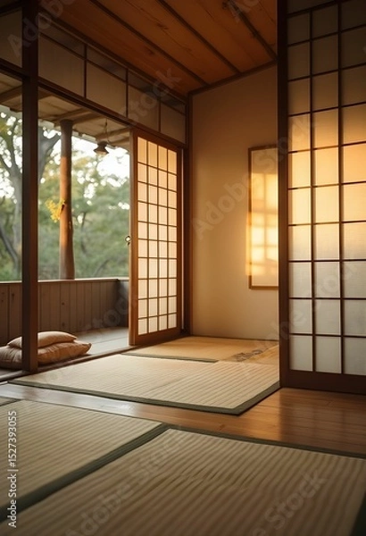 Obraz Serene Japanese room with tatami mats and sliding doors open.