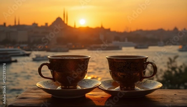 Obraz Golden Hour Tea Time: Istanbul's Sunset View with Two Cups of Tea.