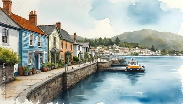 Obraz A picturesque coastal village with colorful houses, a stone seawall, and a calm harbor with boats, all set against a backdrop of rolling hills and a clear sky.