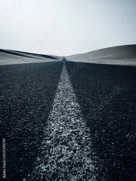 Fototapeta A straight road in the middle of magnificent sand dunes, dramatic photo, simple line drawing, symmetrical composition, at dusk, master of landscape photography, film emulsion fading effect