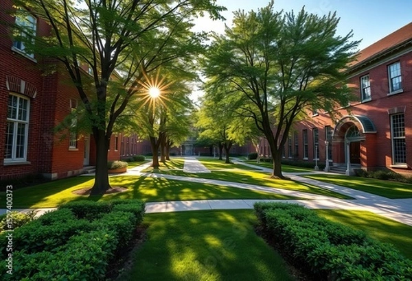 Fototapeta Sun-drenched brick university campus, lush green trees, paved pathways,  shadows,  day
