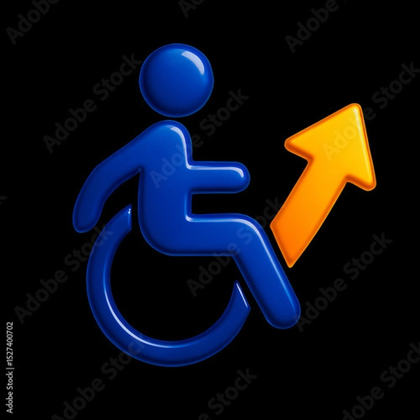 Fototapeta 3D Blue Wheelchair Accessibility Icon with Upward Orange Arrow, Symbol of Progress and Inclusion