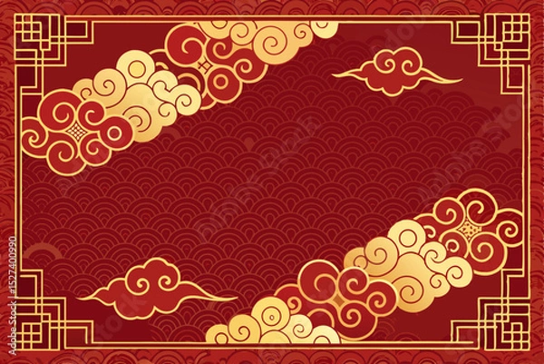 Obraz Intricate red and gold Asian cloud border design, traditional style, ornate details, seamless pattern.