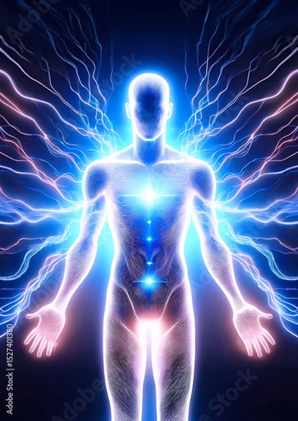 Obraz サイエンステクノロジーの概念でエネルギーを放出して瞑想する人の3dイラスト