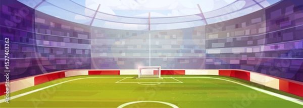 Fototapeta Cartoon soccer stadium interior view - green field with white lines, goal net at center, red and white barriers around pitch. Stands filled with crowd under dome roof for sports game or football match