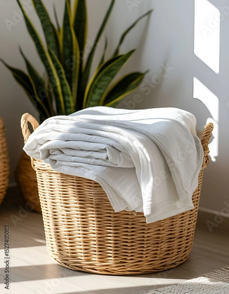 Fototapeta wicker basket with towels on light surface
