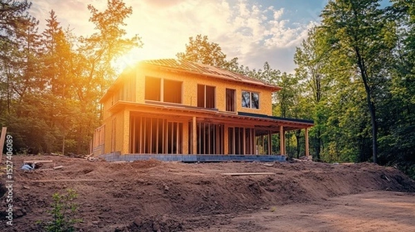 Obraz Framing of a new house under construction, showing the foundation and structure being built.