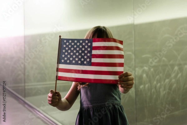 Fototapeta a little girl holding a flag in front of a mirror