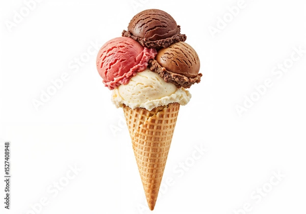 Fototapeta Ice cream cone displays vanilla strawberry and chocolate scoops on a waffle cone delighting dessert lovers