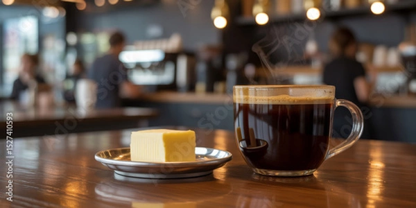 Fototapeta a cup of coffee and a piece of butter on a table