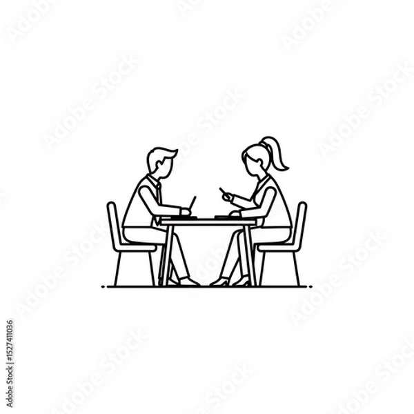 Fototapeta Professional Business Meeting Illustration: Man and Woman Discussing Strategy and Negotiating Terms in a Corporate Setting, Line Art Style