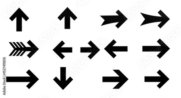 Fototapeta Diverse collection of black arrow designs isolated on white background for direction purposes