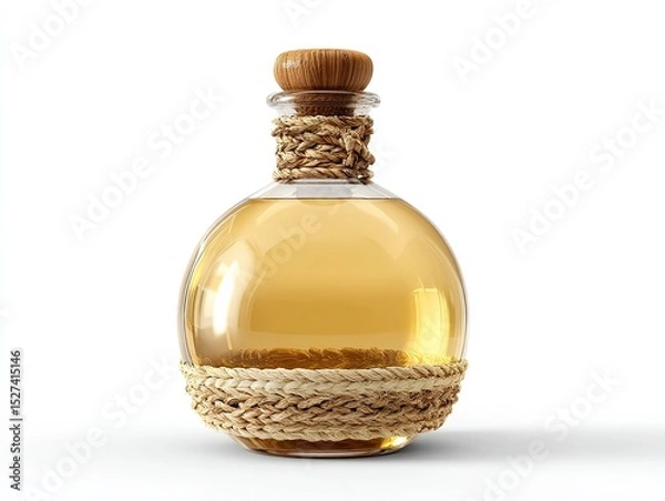 Obraz A beautifully crafted glass bottle filled with a golden liquid, elegantly wrapped with natural fibers, perfect for showcasing premium beverages.