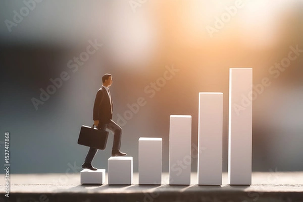 Fototapeta A businessman climbs symbolic stairs representing growth and success, with a soft, glowing background emphasizing ambition and progress.
