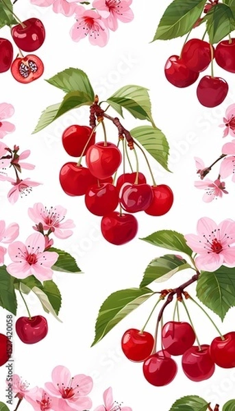 Fototapeta Seamless pattern with ripe red cherries, green leaves and delicate pink cherry flowers on a clear white background  .   