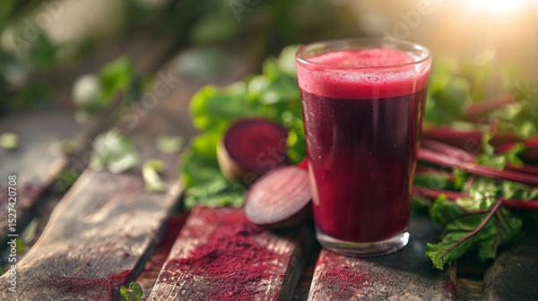 Fototapeta glass of vibrant red beet juice placed on a rustic wooden table. The juice appears freshly made, with a frothy surface and garnished with a sprig of green herbs,