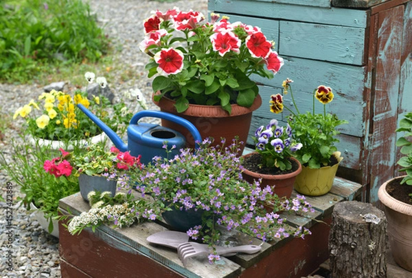 Fototapeta Still life with beautiful flowers of petunia and pansy in pots with watering can outside in garden. Spring and summer botanical and farming background with gardening objects, cottage core concept