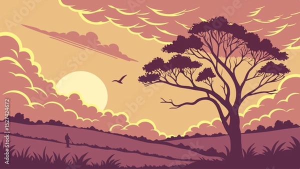 Fototapeta Sunset Landscape with Solitary Tree and Walking Figure