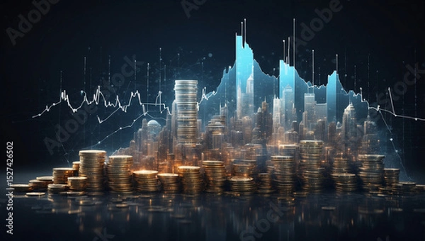 Fototapeta Double Exposure of a City and a Stack of Coins, Symbolizing Urban Finance, Economic Growth, and Investment