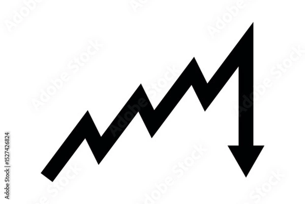Fototapeta Black business arrow graph going down represents trading loss business decline economic recession and financial deficit. Simple vector illustration symbol design.	
