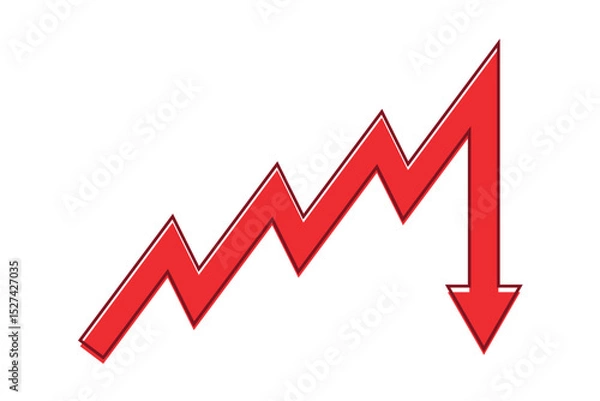 Fototapeta Business arrow graph going down represents trading loss business decline economic recession and financial deficit. Red color with outline. Simple vector illustration symbol design.	
