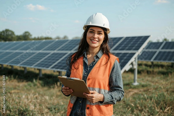 Obraz female engineer with solar panels