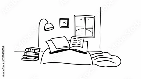 Fototapeta Illustration of a cozy room with a bed, books, lamp, window, and picture frame drawn in black lines created with generated ai