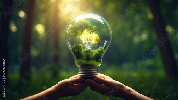 Fototapeta Hands Holding Illuminated Light Bulb Against Dark Background for Ideas