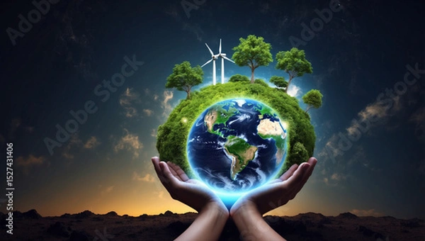 Fototapeta Hands Holding Planet Earth with Icons for Environmental Awareness