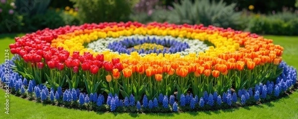 Fototapeta Circular flowerbed design. Colorful tulips hyacinths mix in concentric circles. Spring garden landscape. Bright colors, ornamental plants. Outdoors botany.