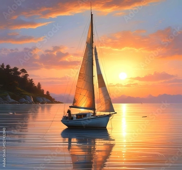 Fototapeta Illustration of sailboat yaht in calm ocean with island and sunrise.