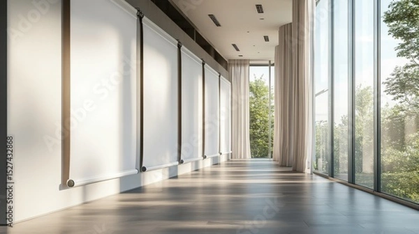 Fototapeta Modern office space featuring blank retractable banners near large windows and plants, ideal for design mockups and presentations.