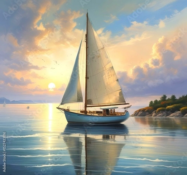 Fototapeta Illustration of sailboat yaht in calm ocean with island and sunrise.