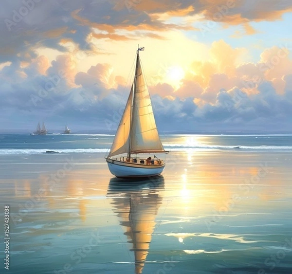 Fototapeta Illustration of sailboat yaht in calm ocean with island and sunrise.