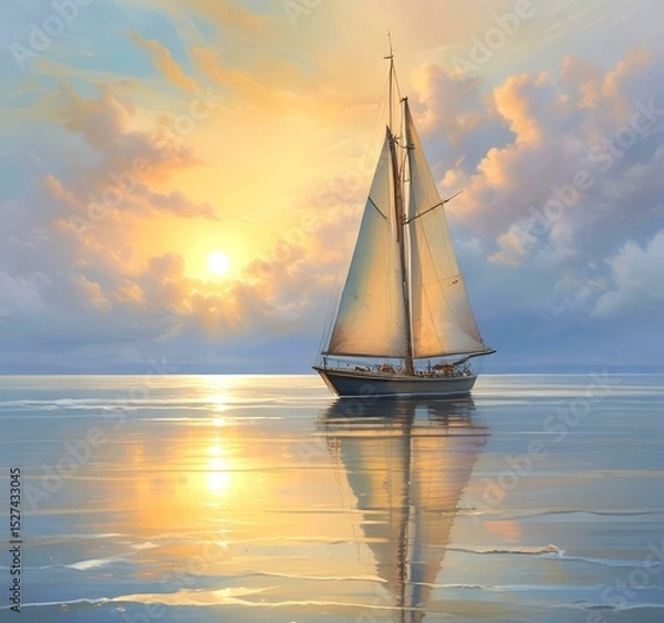 Fototapeta Illustration of sailboat yaht in calm ocean with island and sunrise.