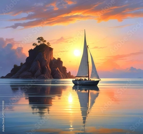 Fototapeta Illustration of sailboat yaht in calm ocean with island and sunrise.