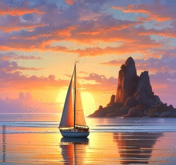Fototapeta Illustration of sailboat yaht in calm ocean with island and sunrise.