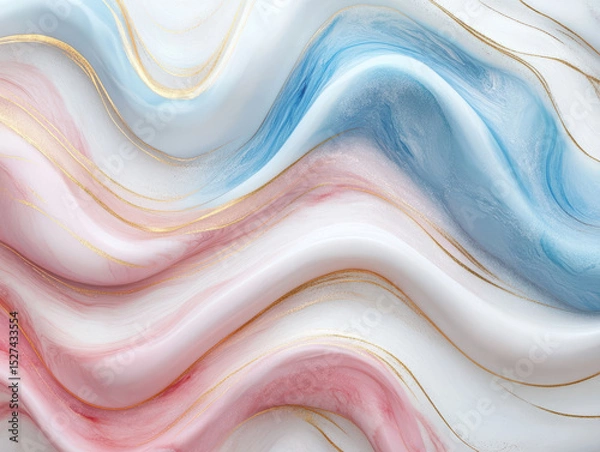 Fototapeta Abstract art with flowing pastel waves in pink, blue, and white, accented by elegant gold lines, creating serene and luxurious feel