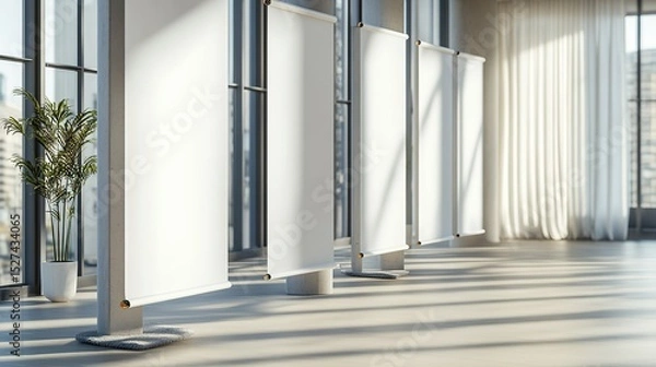 Fototapeta Modern office space featuring blank retractable banners near large windows and plants, ideal for design mockups and presentations.