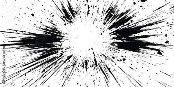 Fototapeta Abstract explosion, radial burst of ink splatter effect. isolated on white background. Black ink splatter creates abstract background with dynamic energy.