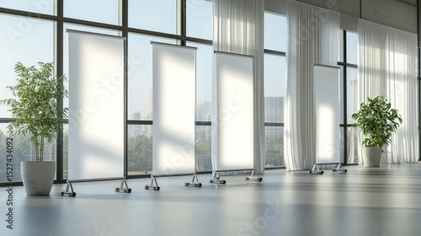 Fototapeta Modern office space featuring blank retractable banners near large windows and plants, ideal for design mockups and presentations.