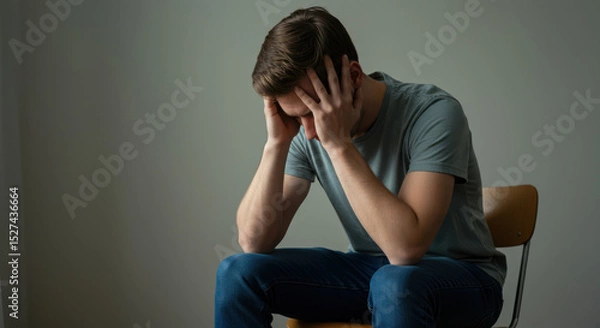 Fototapeta Stressed Man Holding His Head in Despair By Generated AI
