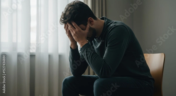 Fototapeta Stressed Man Holding His Head in Despair By Generated AI
